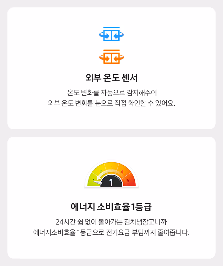 에너지소비효율 1등급 표시와 김치 보관 공간을 함께 보여주는 이미지